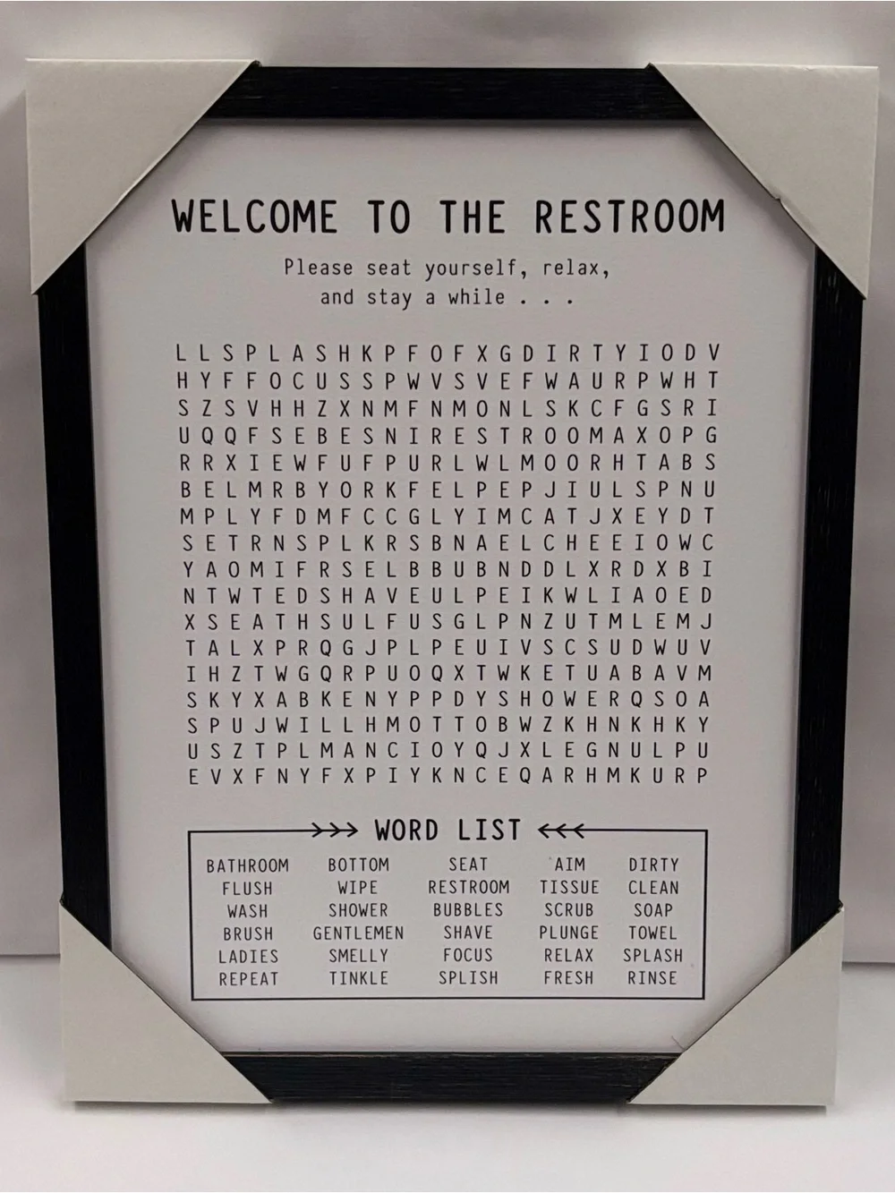 Bathroom Word Search Wood Wall Decor Framed Puzzle Sign Funny Restroom Wall Art